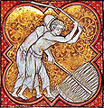 Miniatura de la segonda mitat dau sègle XIII mostrant l'utilizacion de flagèus.
