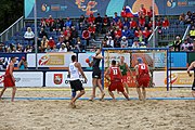 Deutsch: Beachhandball Europameisterschaften 2019 (Beach handball Euro); Tag 6: 7. Juli 2019 – Spiel um Platz Drei, Männer, Ungarn-Russland 2:0 (26:20, 23:22) English: Beach handball Euro; Day 6: 7 July 2019 – Men's Bronze Medal Match – Hungary-Russia 2:0 (26:20, 23:22)