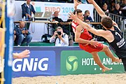 Deutsch: Beachhandball Europameisterschaften 2019 (Beach handball Euro); Tag 6: 7. Juli 2019 – Spiel um Platz Drei, Männer, Ungarn-Russland 2:0 (26:20, 23:22) English: Beach handball Euro; Day 6: 7 July 2019 – Men's Bronze Medal Match – Hungary-Russia 2:0 (26:20, 23:22)