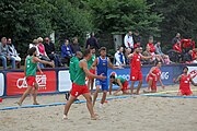 Deutsch: Beachhandball Europameisterschaften 2019 (Beach handball Euro); Tag 3: 4. Juli 2019 – Männer, Platzierungsrunde Gruppe IV, Rumänien-Portugal 2:0 (15:14, 25:24) English: Beach handball Euro; Day 3: 4 July 2019 – Men Consolation Round Group IV – Romania-Portugal 2:0 (15:14, 25:24)