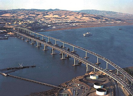 The Benicia-Martinez Bridge crosses the Carquinez Strait, connecting Benicia in the north to Martinez in the south.