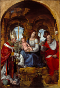 Peinture représentant quatre personnages (une Vierge à l'Enfant au centre, entre deux hommes en habits ecclésiastiques) sur fond caverneux.