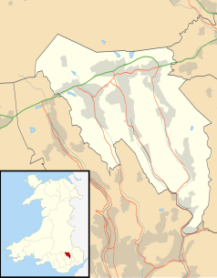 Mapa konturowa Blaenau Gwent, po prawej znajduje się punkt z opisem „Abertillery”