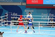 Deutsch: Boxen bei den Olympischen Jugendspielen 2018 Tag 12, 18. Oktober 2018 - Kampf um die Bronzemedaille im Fliegengewicht Mädchen – Heaven Destiny Garcia (USA, blau) schlägt Goryanana Stoeva (Bulgarien, rot) 5-0; Ringrichter ist Ishanguly Meretnyyazov (Turkmenistan). English: Boxing at the 2018 Summer Youth Olympics on 18 October 2018 – Girl's flyweight Bronze Medal Bout - Heaven Destiny Garcia (USA, blue) beats Goryanana Stoeva (Bulgaria, red) 5-0; Referee is Ishanguly Meretnyyazov (Turkmenistan). Español: Boxeo en los Juegos Olímpicos Juveniles de Verano de 2018 en 18 de octubre de 2018 - Combate a medalla de bronce de peso mosca para mujeres: Heaven Destiny Garcia (Estados Unidos, azul) le gana a Goryanana Stoeva (Bulgaria, roja) 5-0; El árbitro es Ishanguly Meretnyyazov (Turkmenistán).