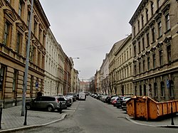 Ulice Jaselská, vpravo se nacházela zástavba Augustiniánské Ulice
