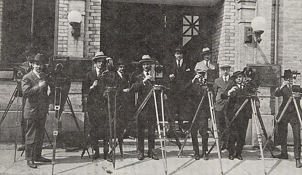 A group of cameramen who worked for the Canadian Government Motion Picture Bureau in 1925. Frank Badgley, the bureau's director from 1927 to 1941, is 