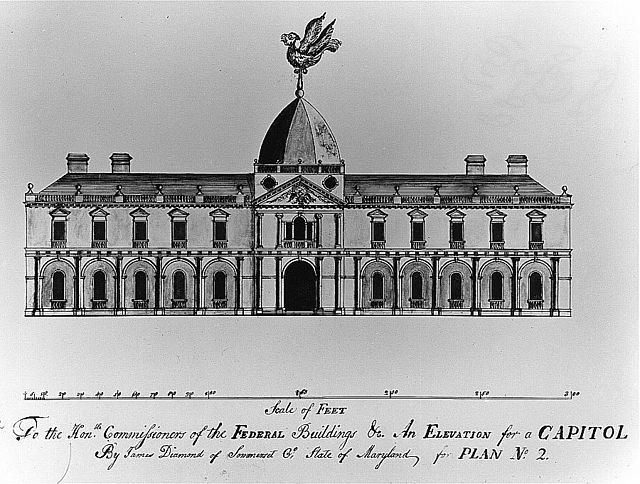 Design for the U.S. Capitol, "An Elevation for a Capitol", a 1792 submission by James Diamond was ultimately not selected