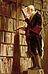 A painting of a man standing on a ladder at a large bookshelf