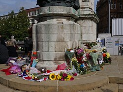 Floral tributes to HM Queen Elizabeth II at the foot of the statue of Queen Victoria in Hull City Centre