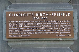 Charlotte Birch-Pfeiffer Gedenktafel am Schauspielhaus Zürich (Heimplatz)