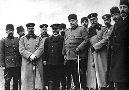 Catalca armistice delegates; General Ivan Fichev, Nazim Pasha and General Mihail Savov are in the first row. Chataldja armistice.jpg