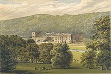 A view of Chatsworth from the south-west circa 1880. The stables can be seen behind the house and the Hunting Tower is visible in Stand Wood Chatsworth from Morris's Seats of Noblemen and Gentlemen (1880).JPG