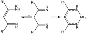 Tautomers of a substituted HNacNac ligand precursor and an idealized complex (right) of the conjugate base (M = metal, L = other ligand) Chem structure of Hnacnac.png