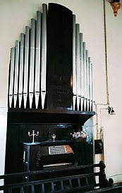 This Organ was installed at Christ Church, Mhow by the 2nd Battalion of the Suffolk Regiment of the British Army. The Organ is not functional as on date. Christ Church Mhow Pipe Organ.jpg