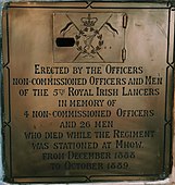 The 5th Royal Irish Lancers were stationed at Mhow between 1888 and 1889 and placed this brass plaque with a small built-in cabinet