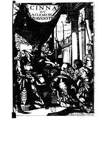 An illustration to Corneille's play Cinna showing Augustus granting clemency to Cinna. Cinna corneille image.jpg