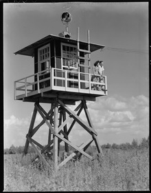 Former residents Clara Hasegawa and Tad Mijak take a last look at the camp from a watchtower Closing of the Jerome Relocation Center, Denson, Arkansas. Clara Hasegawa and Tad Mijake take a las . . . - NARA - 539629.tif