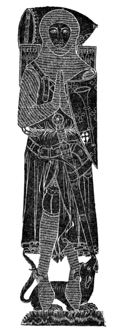 Fig. 24.—Brass of Sir Roger de Trumpington at Trumpington. Arms: Azure, crusilly and two trumpets palewise or. (From a rubbing by Walter J. Kaye.)