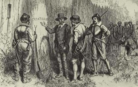 Governor John White returned to Roanoke in 1590 to find the word "Croatoan" carved on a tree.