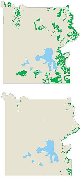 Current (top) and projected (bottom) distribution of whitebark pine (Pinus albicaulis) in Yellowstone National Park.