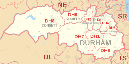 DH postcode area map, showing postcode districts, post towns and neighbouring postcode areas.