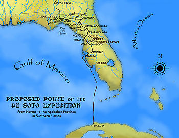 A suggested route for the first leg of the de Soto Expedition, passing through Uzachile and the Yustaga region. Based on Charles M. Hudson's 1997 map DeSoto Map Leg 1 HRoe 2008.jpg