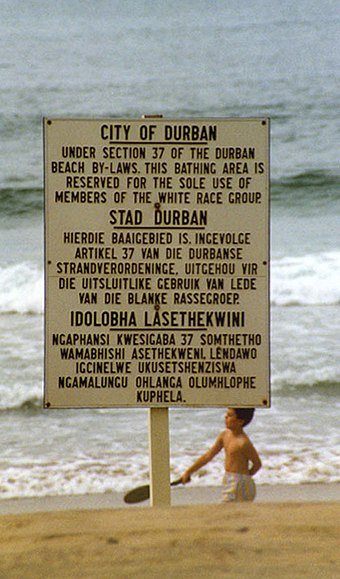 "Apartheid": sign on Durban beach in English, Afrikaans and Zulu, 1989