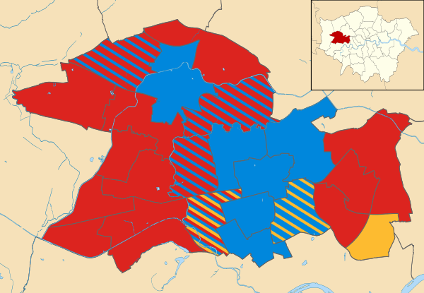 Map of the results of the 2010 Ealing council election. Conservatives in blue, Labour in red and Liberal Democrats in yellow.