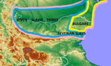 Zones of control by Slavic tribes and Bulgars in the late 7th century