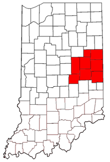 Highlighted in red are the counties of East Central Indiana. East Central Indiana.png