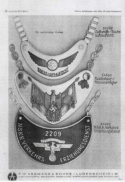 File:F.W. Assmann & Söhne Lüdenscheid Nazi Germany 1930s catalog BRUSTSCHILDER (gorgets) LUFTWAFFE Reichs-Luft-Aufsicht REICHSHEER Fahnentrager NSKK Verkehrs-Erziehungsdienst Nazi insignia propaganda No known copyright CC BY-SA img657 -.jpg