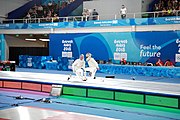 Deutsch: Fechten bei den Olympischen Jugend-Sommerspielen 2018: Tag 1, 7. Oktober 2018, Jungen, Säbel, Kampf um Bronze - Mazen Elaraby (EGY) - Robert Vidovszky (USA) 15:10 English: Fencing at the 2018 Summer Youth Olympics at 7 October 2018 – Boys' sabre Bronze medal match – Mazen Elaraby (EGY) Vs Robert Vidovszky (USA) 15:10