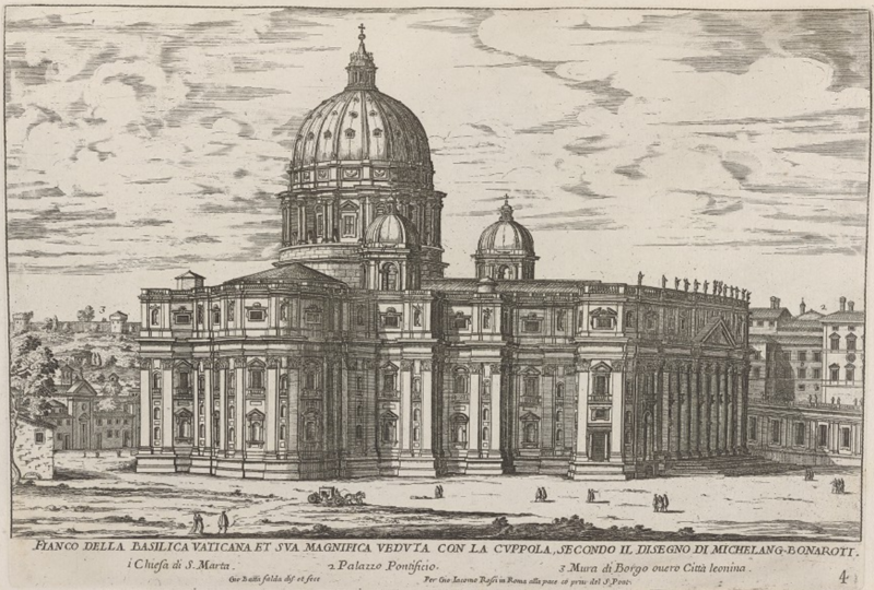 File:Fianco della Basilica Vaticana et sua magnifica veduta con la Cuppola secondo il disegno di Michelangelo Bonaroti by Giovanni Battista Falda (1667-1669).png