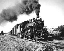 After re-gauging, PEIR could support standard gauge locomotives and trains. This example is pulling through the Maple Hill region in the spring of 1949. Freight traffic on the Prince Edward Island Railway.jpg