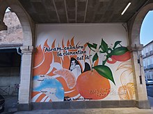 The Clementine Mural painting in Puisserguier France, representing Father Abram, founder of the Algerian Misserghin orphanage where the 1st citrus clementina was selected by brother Clement, a map of the different locations mentioned, and the citrus flowers, whole smooth fruit and some of its easy to peel separated sections.