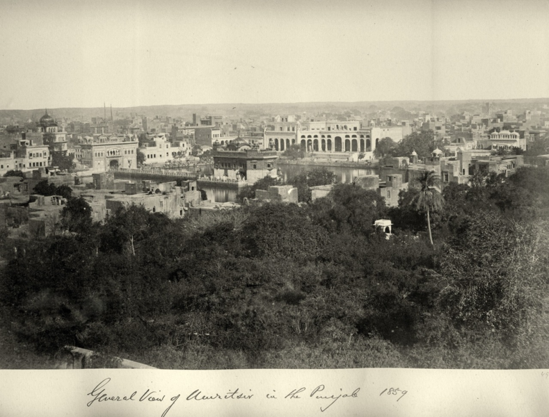 File:General (panorama) view of Amritsar in 1859. The Golden Temple can be seen along with a vast Sikh Empire-era palace complex on the right. Photo taken by Felice Beato.png