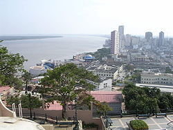 Panorama view of Guayas River and downtown Malecon waterfront area, from Santa Ana Hill