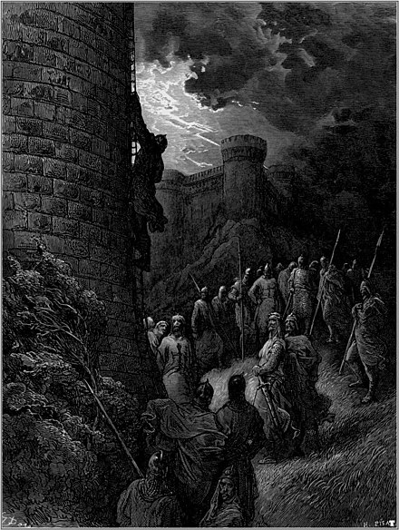 Bohemond and his Norman troops scale the walls of Antioch, in an engraving by Gustave Doré