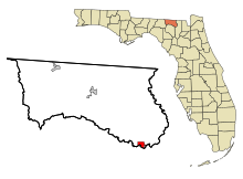 Hamilton County Florida Incorporated und Unincorporated Gebiete White Springs Highlighted.svg