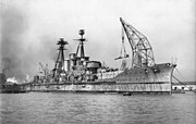 Haruna in the final phases of her construction, with her main guns being attached to the bow turrets