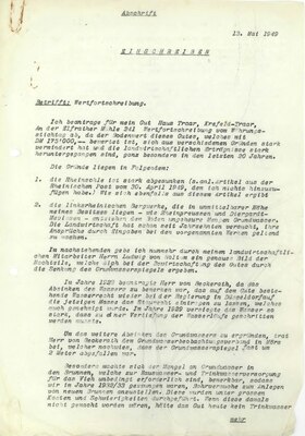 1949 - Antrag des Eigentümers auf abgeminderte Wertfortschreibung mit Darlegung der Gründe, warum das Gut nicht mehr ertragreich ist.