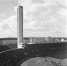 Helsinki Olympic Stadium in 1938. Helsinki Olympic stadium and stadium tower, 1938 (29438954721).jpg