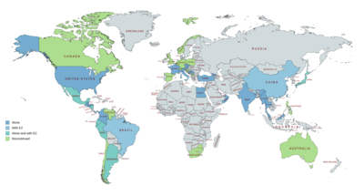 Known availability of hydroxyprogesterone caproate in countries throughout the world (as of August 2018). Alone is hydroxyprogesterone caproate as a standalone medication. With E2 is in combination with an estradiol ester. Discontinued is no longer available. Hydroxyprogesterone caproate availability.png