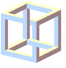 An impossible cube -- invented by M.C. Escher for Belvedere, a lithograph in which a boy seated at the foot of the building holds an impossible cube. Impossible cube illusion angle.svg