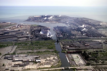 Aerial view of Indiana Harbor and Ship Canal, flanked by Indiana Harbor Works