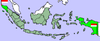 Flags mark the westernmost and easternmost settlements within Indonesia, with the respective regions of Aceh and West New Guinea highlighted.