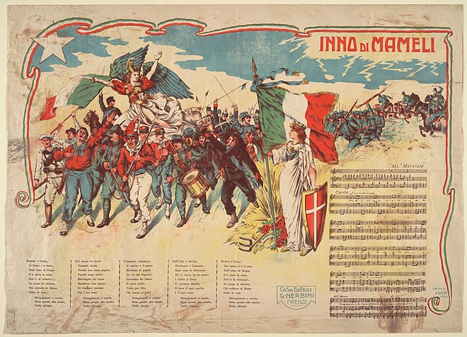 Propagandist poster from the 1910s showing the score of "Il Canto degli Italiani"