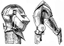 Construction of a classic armet (c. 1490), it is fitted with a wrapper and aventail, and the method of opening the helmet is shown Italian Armet (15c) by Wendelin Boeheim.jpg