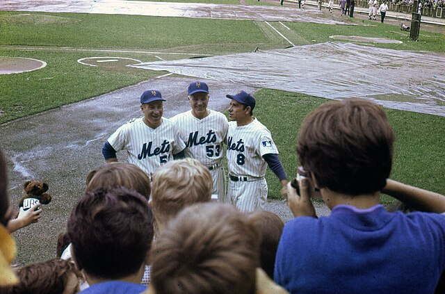 Bullpen coach Joe Pignatano, third base coach Eddie Yost, and first base coach Yogi Berra in September 1969.