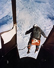 Joseph Kittinger starting his record-breaking skydive in 1960. His record was broken only in 2012. Kittinger-jump.jpg